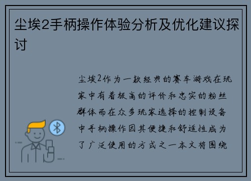 尘埃2手柄操作体验分析及优化建议探讨